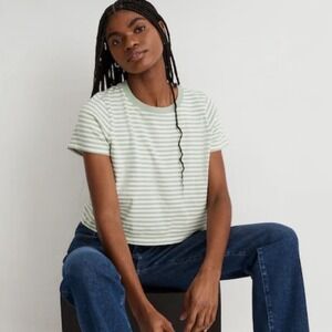 MADEWELL | Softfade Green White Cotton Boxy-Striped Cropped T-Shirt, Size M